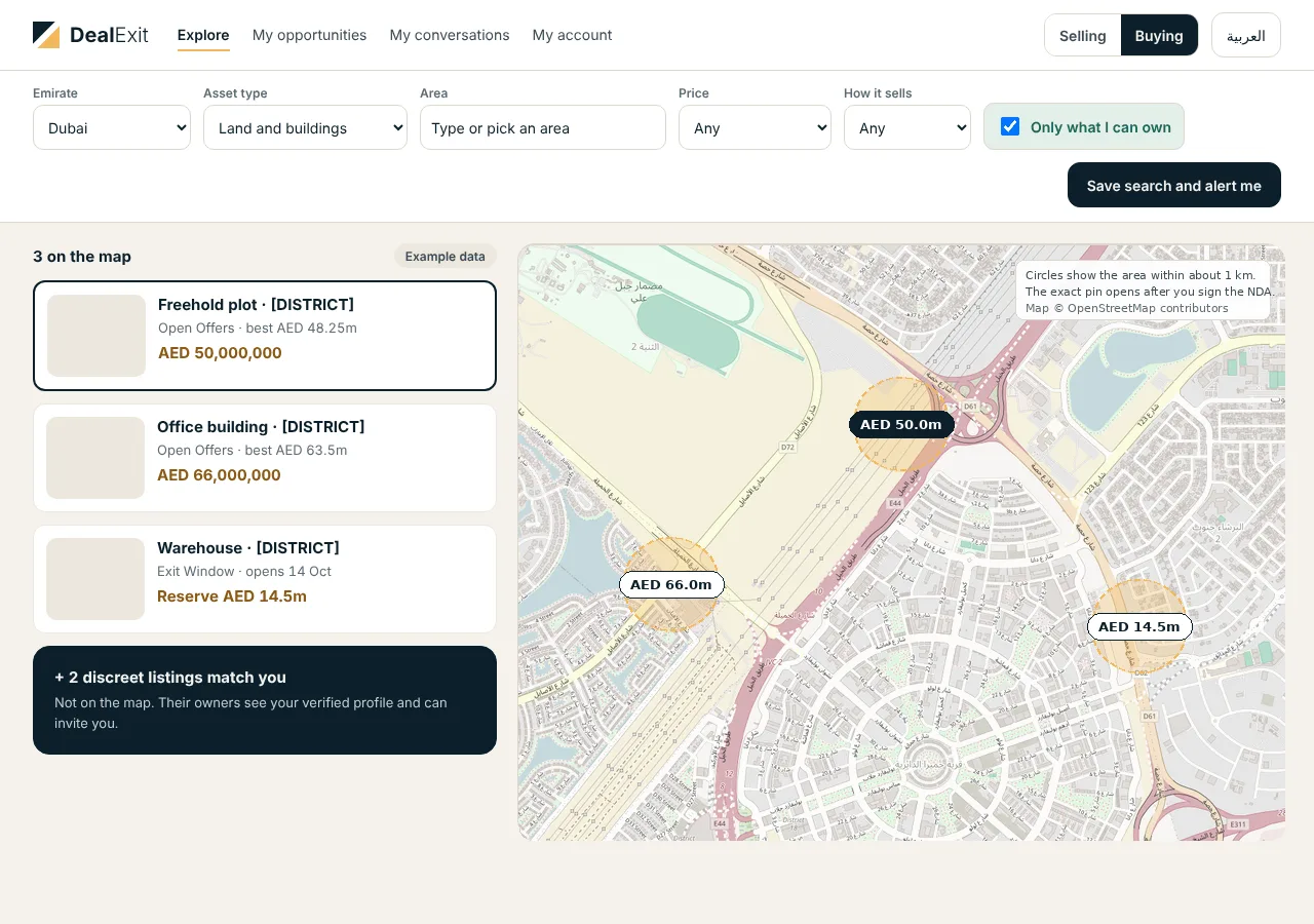 Explore land and buildings on the map, example data