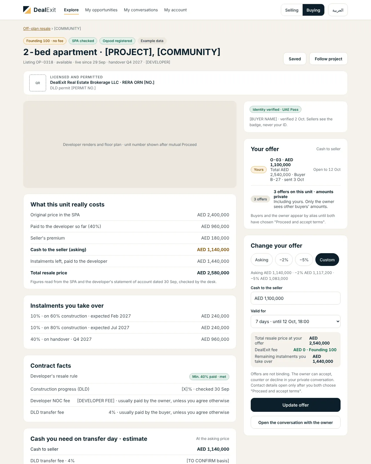 Off-plan listing with the whole cost, example data